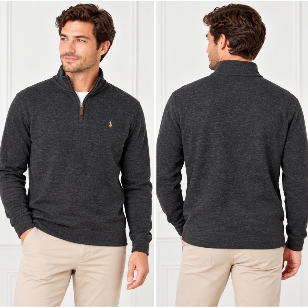 Polo Ralph Lauren Estate Rib Quarter Zip Pullover L Charcoal Gray Cotton Logo